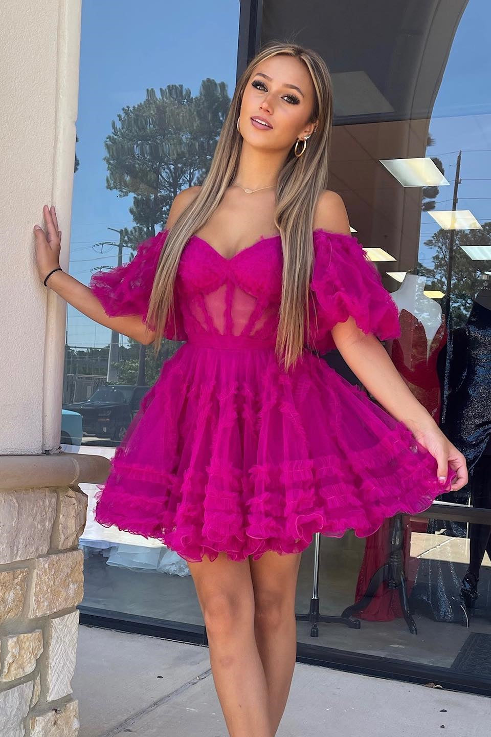 Pink Off-the-Shoulder Ruffles Puff Sleeves Homecoming Dress