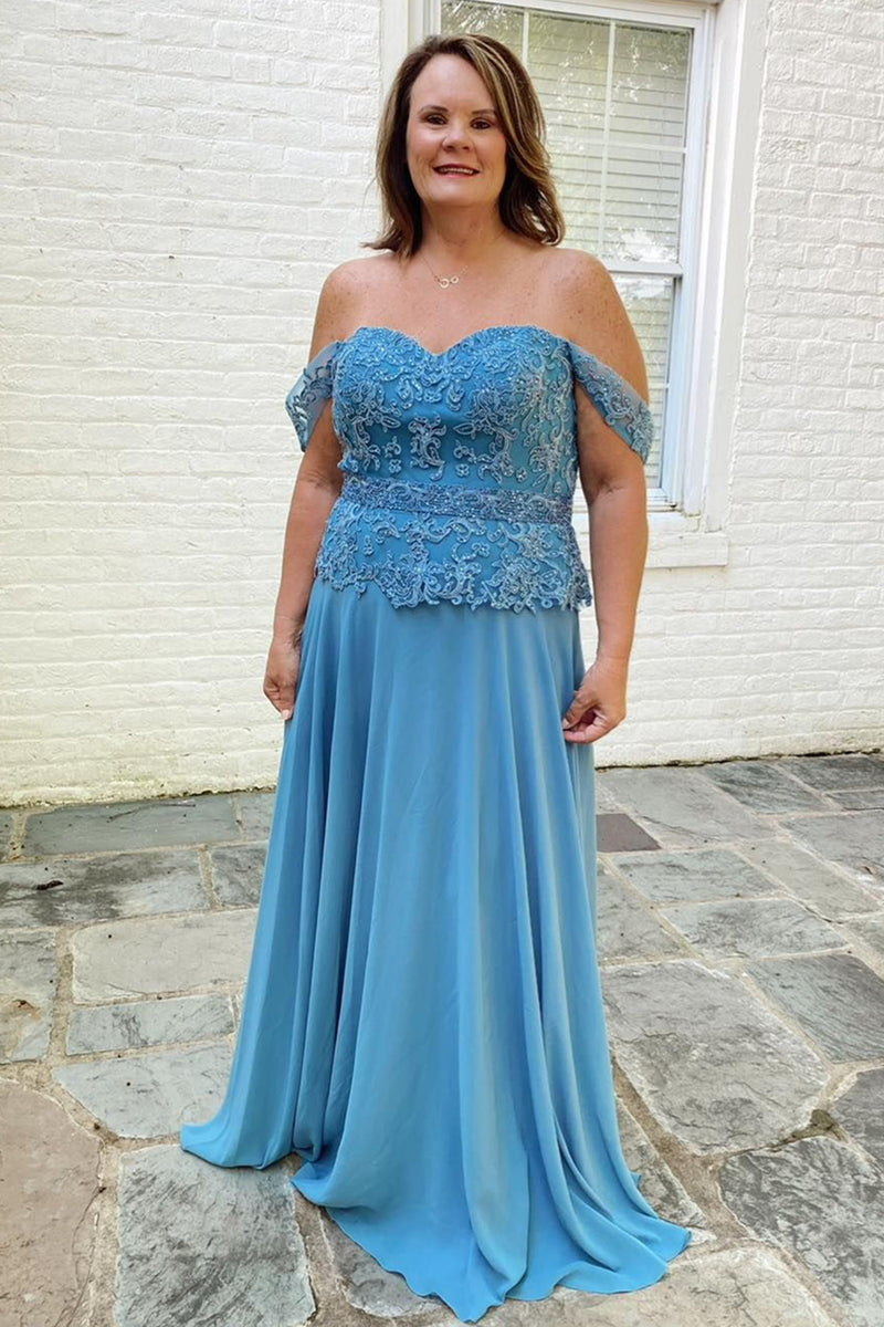 Blue Jay Off-the-Shoulder Appliques Chiffon Long Mother of Bride Dress