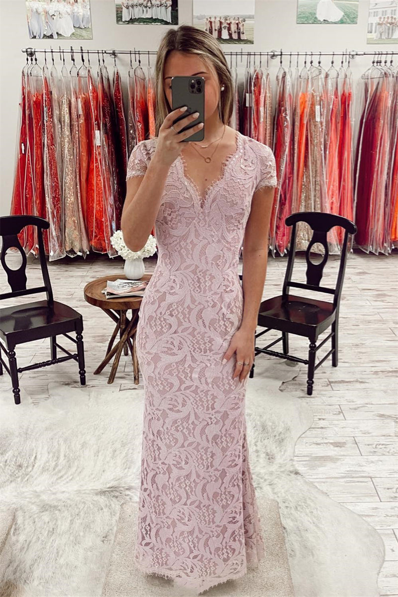 Pink V Neck Mermaid Lace Long Mother of Bride Dress with Slit
