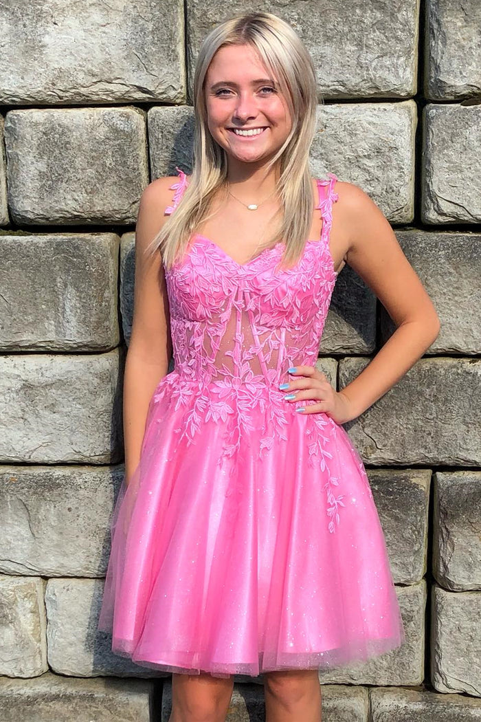 Pink Flower Straps A-line Appliques Tulle Homecoming Dress