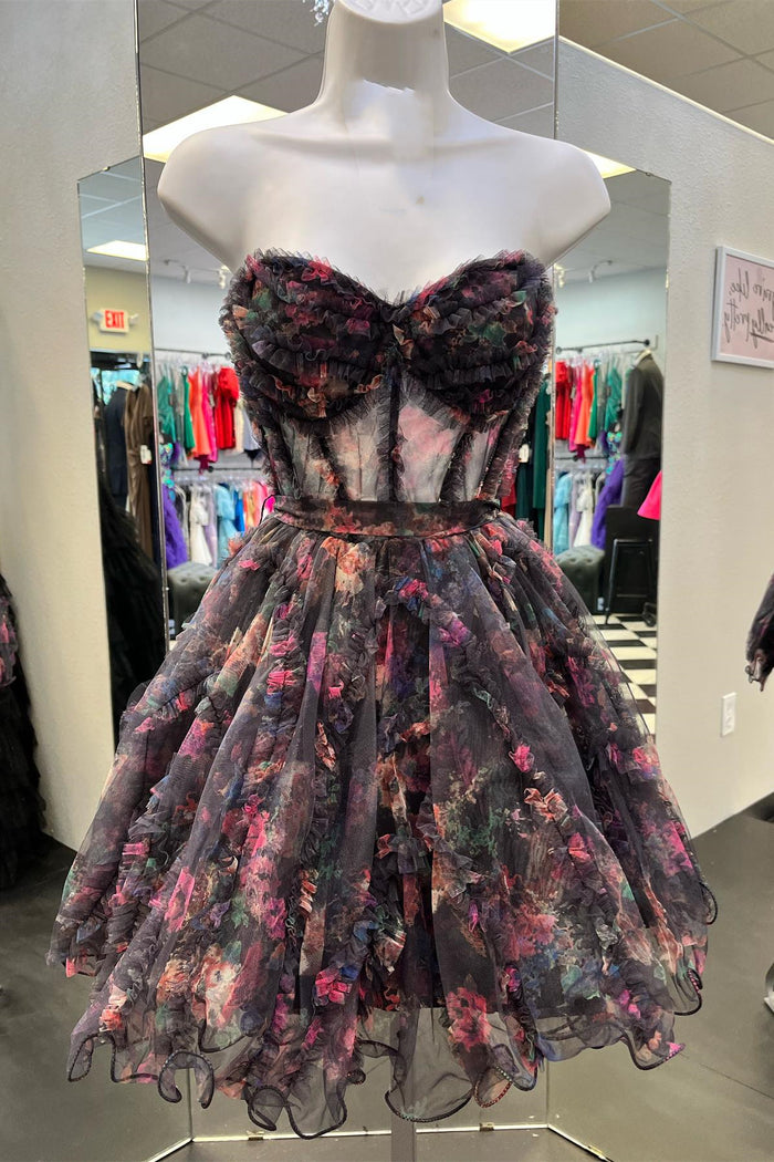 Flower Prints Strapless A-line Tulle Ruffled Homecoming Dress