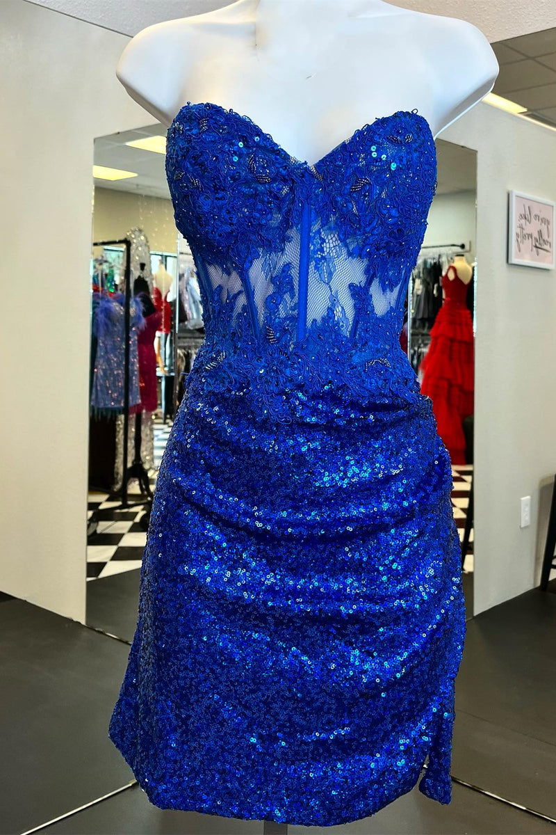 Royal Blue Strapless Sequined Sheath Homecoming Dress