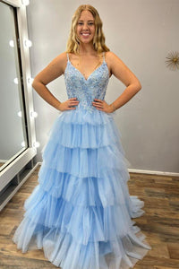 Multi-Tiered Lace Beaded V-Neck Long Prom Dress