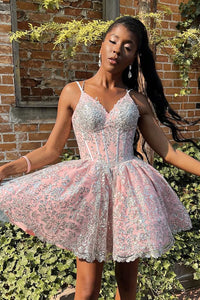 Pink Lace-Up Silver Appliques A-line Homecoming Dress