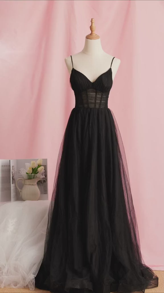 Hot Pink V Neck Tulle A-line Prom Dress with Slit