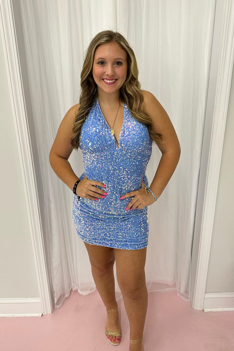 Light Blue Sequin Halter Bodycon Short Homecoming Gown