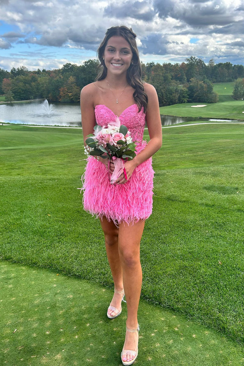Black Strapless Appliques Homecoming Dress with Feathers