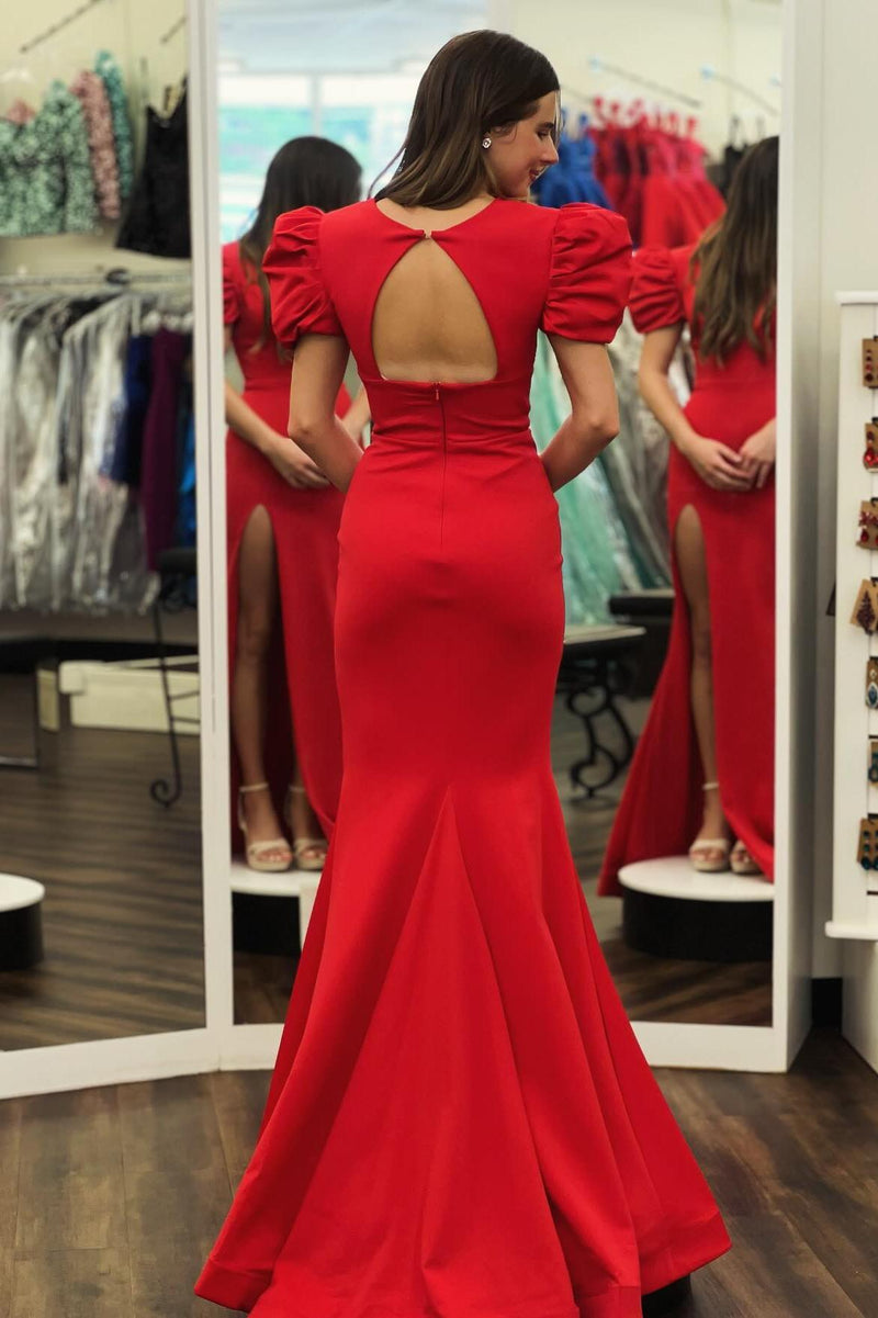 Short Sleeves Red V Neck Mermaid Long Formal Dress