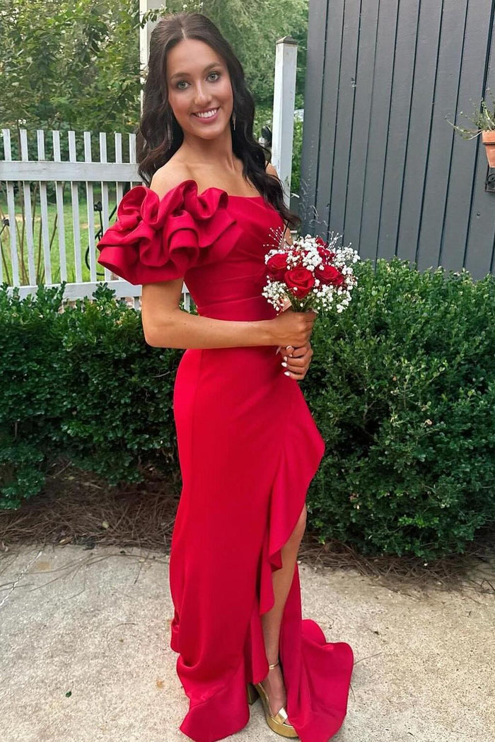 Ruffles One Shoulder Red Mermaid Long Formal Dress