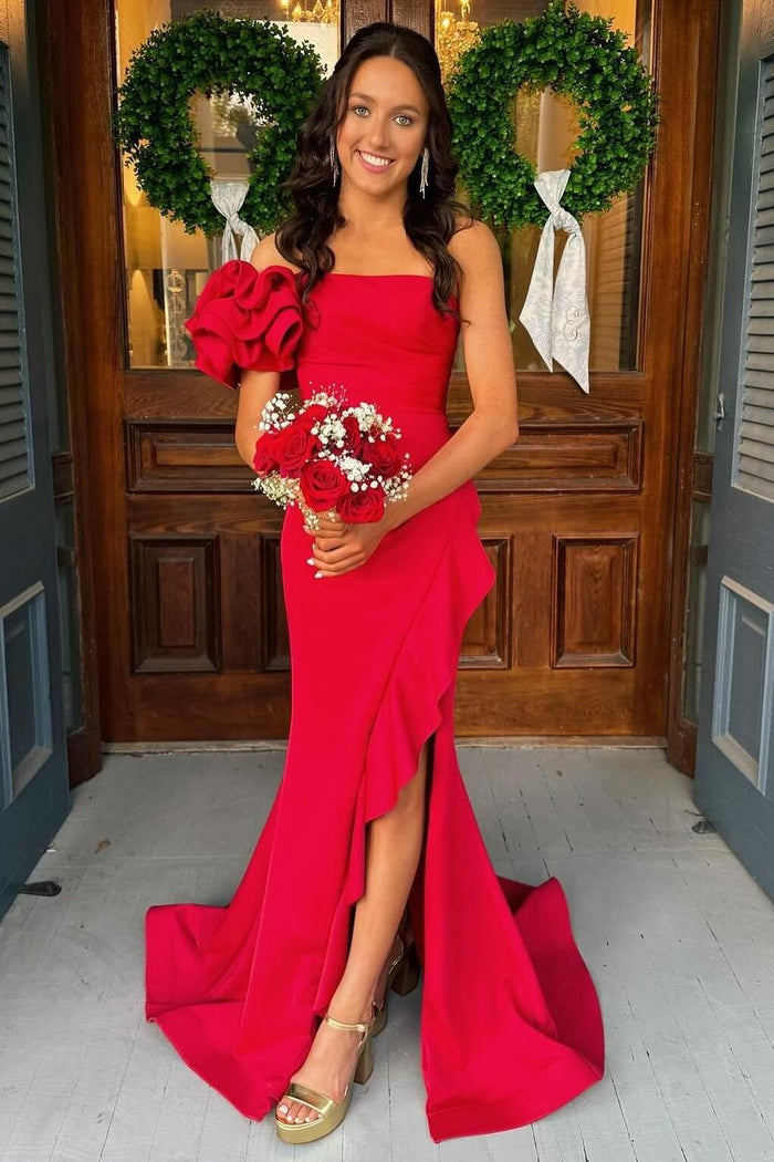 Ruffles One Shoulder Red Mermaid Long Formal Dress