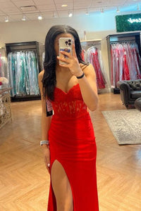 Wine Red Strapless Mermaid Appliques Long Prom Dress with Slit