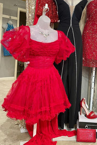 Red Tulle Puff Sleeves Ruffles Tulle Homecoming Dress
