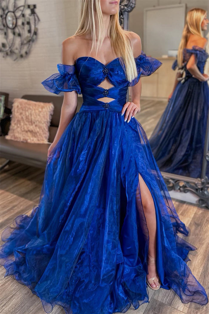 Royal Blue Tulle Off-Shoulder Rhinestones Long Prom Dress with Slit