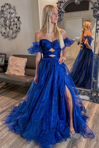 Royal Blue Tulle Off-Shoulder Rhinestones Long Prom Dress with Slit