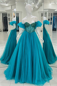 Blue Off-the-Shoulder Beaded A-line Tulle Long Prom Dress