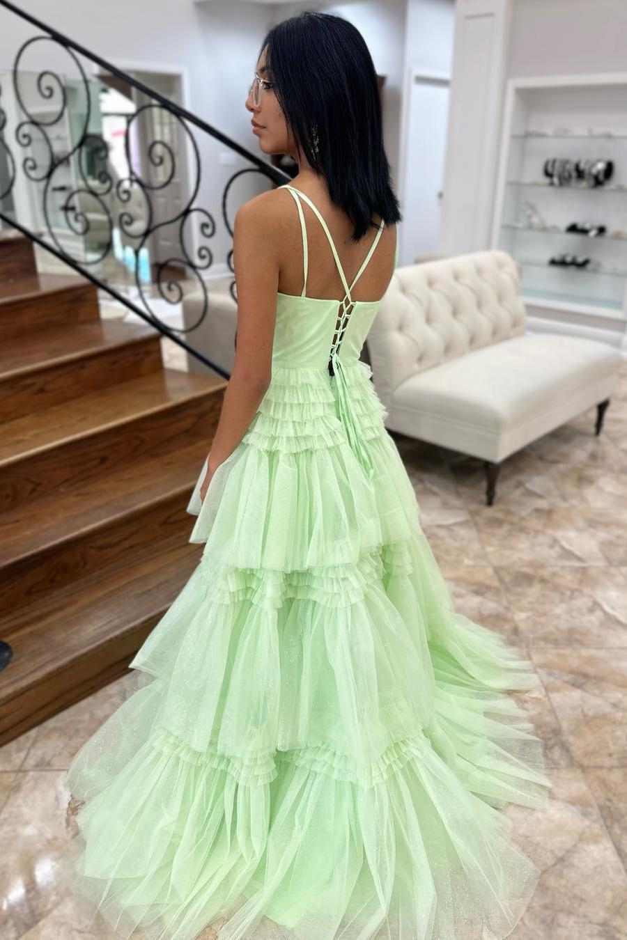 Lemon Green Layers Spaghetti Straps A-line Long Prom Dress