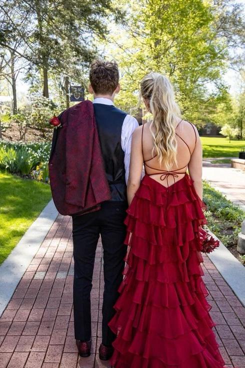 Wine Red Lace-Up Mermaid Layers Long Prom Dress