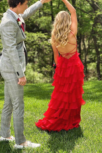 Wine Red Lace-Up Mermaid Layers Long Prom Dress