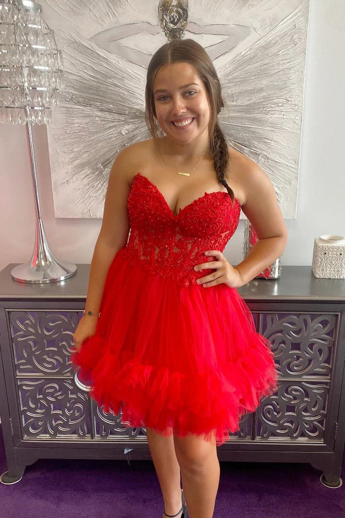 Sweetheart Red Corset Appliques Short homecoming Dress