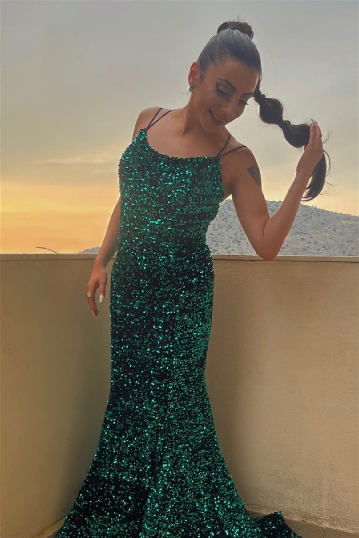 Dark Green Mermaid Lace-Up Back Sequins Sweeping Long Prom Dress