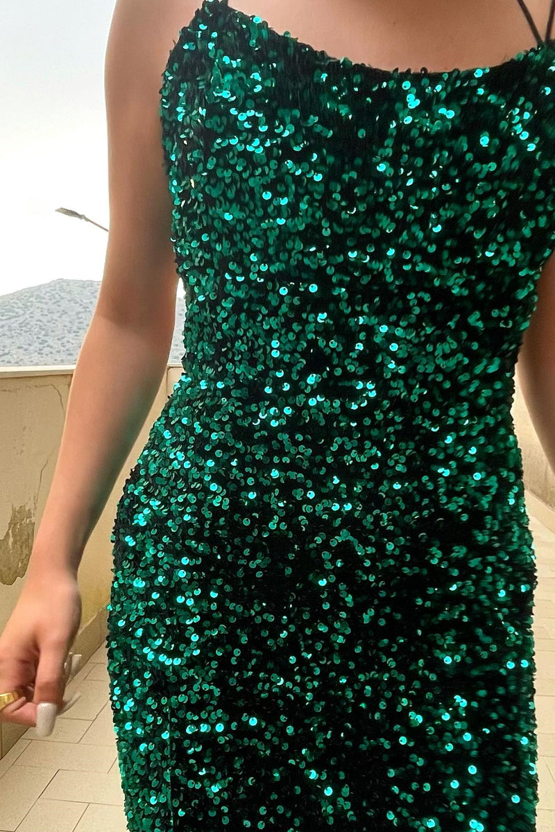 Dark Green Mermaid Lace-Up Back Sequins Sweeping Long Prom Dress