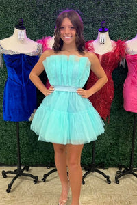 Aqua Blue Strapless Pleated Beaded A-line Tulle Homecoming Dress