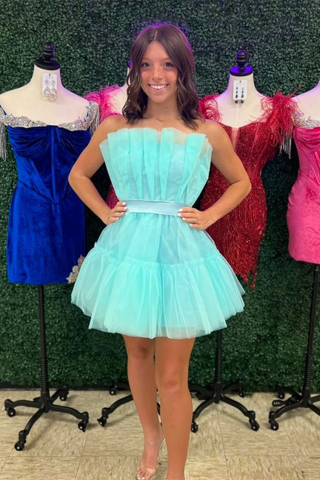 Aqua Blue Strapless Pleated Beaded A-line Tulle Homecoming Dress