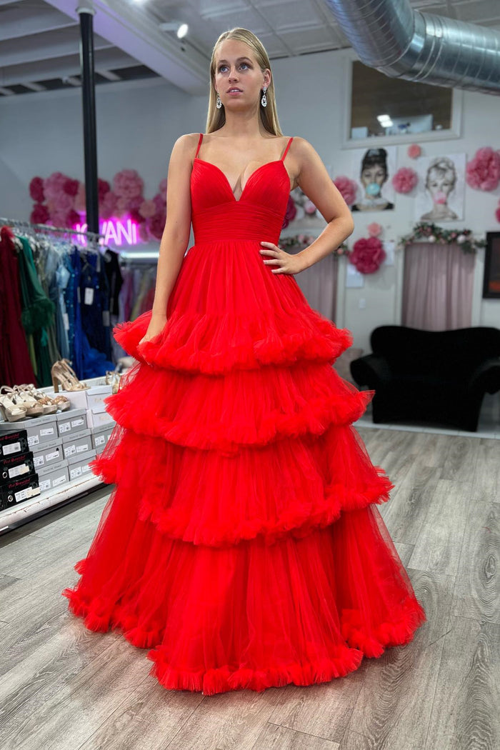 Red A-line Ruffle Layers Plunging V Neck Straps Long Prom Dress