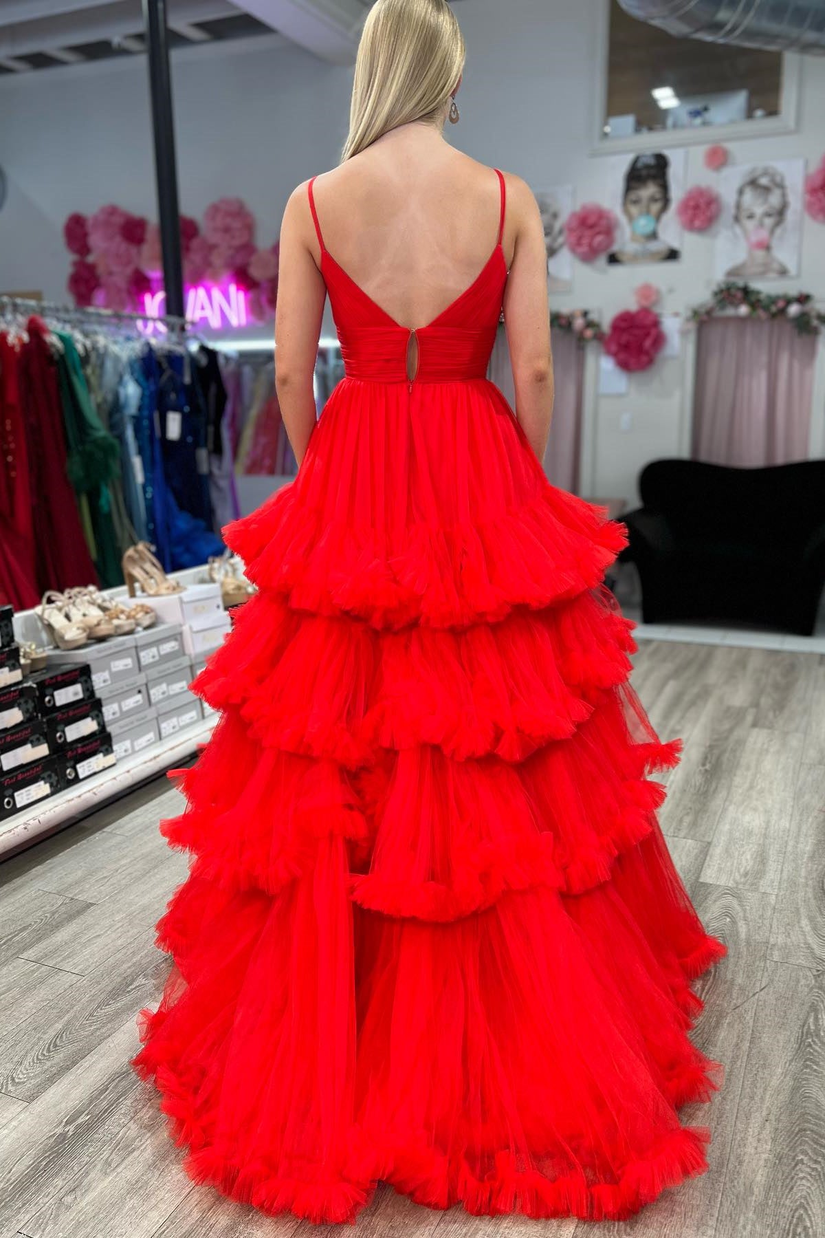 Red fashion long ruffle dress