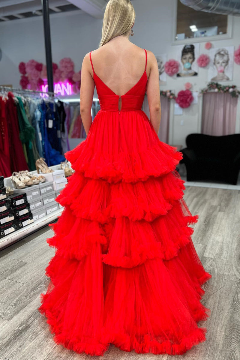 Red A-line Ruffle Layers Plunging V Neck Straps Long Prom Dress