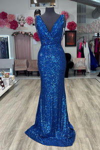 Royal Blue Plunging V Neck Sequins Mermaid Long Prom Dress