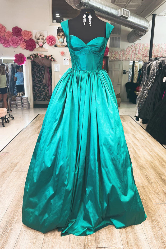 Hunter Green A-line Satin Long Prom Dress