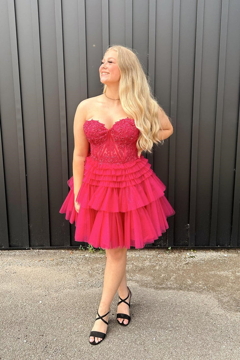 Pink Tulle Strapless A-line Multi-Layers Appliques Homecoming Dress
