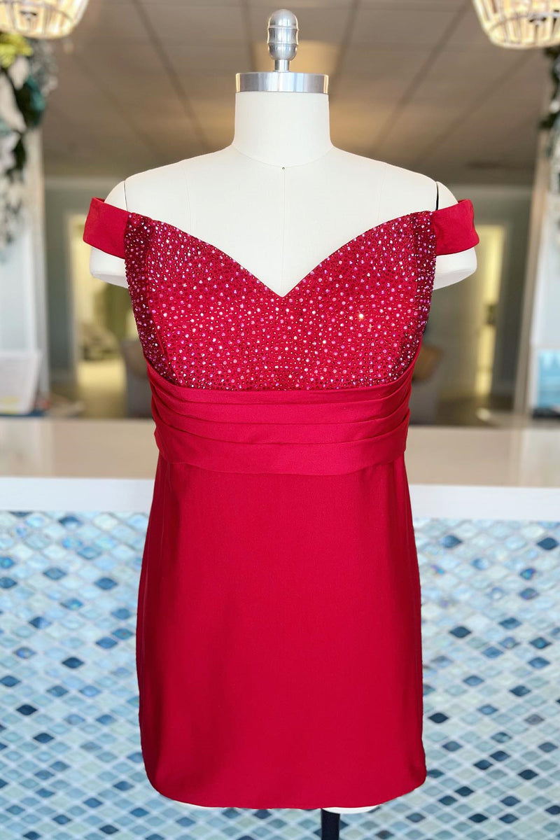 Red Beaded Off-the-Shoulder Sheath Satin Homecoming Dress