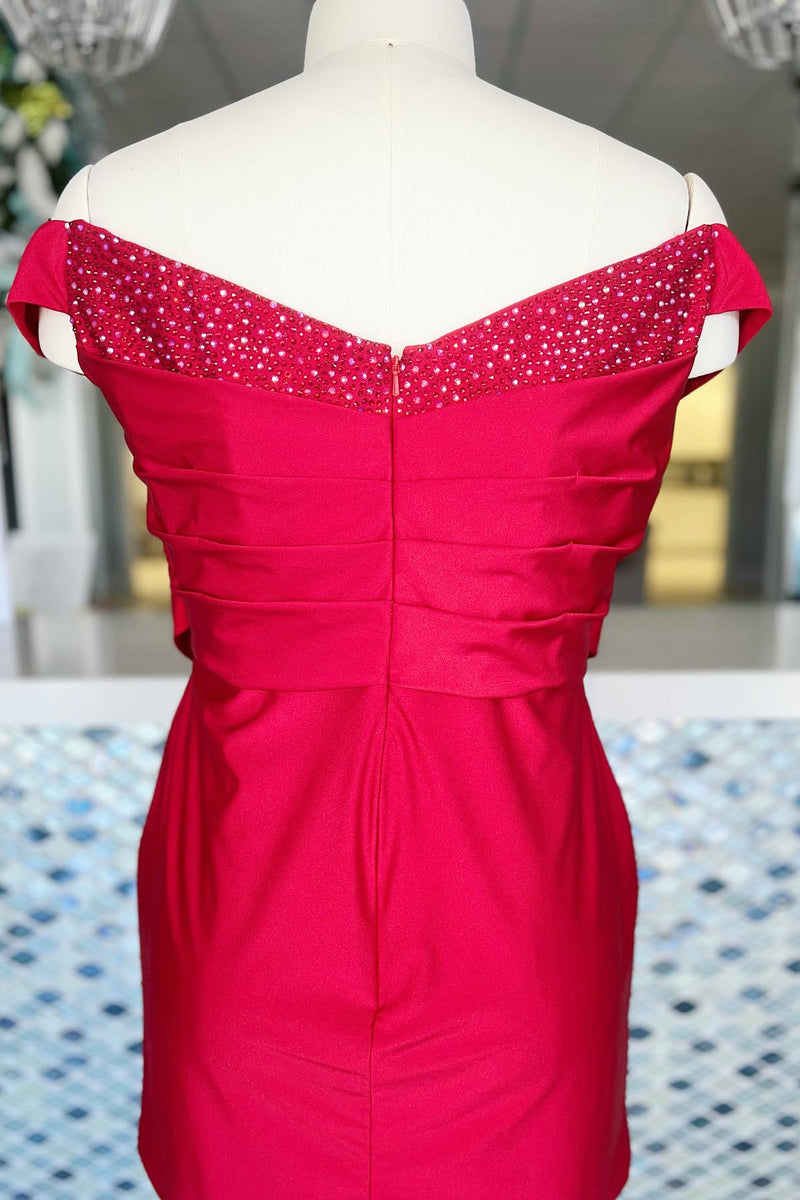 Red Beaded Off-the-Shoulder Sheath Satin Homecoming Dress