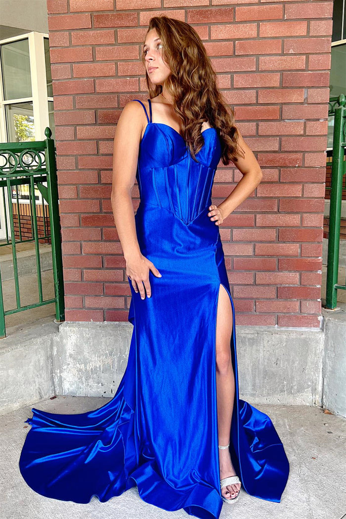 Royal Blue Satin Mermaid Straps Long Prom Dress with Slit