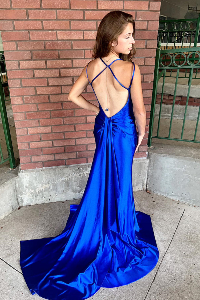 Royal Blue Satin Mermaid Straps Long Prom Dress with Slit