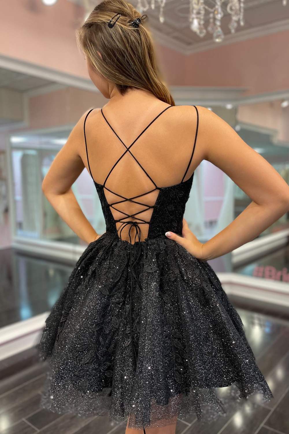 Sparkly Black A-line Appliques Lace-Up Homecoming Dress