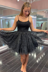 Sparkly Black A-line Appliques Lace-Up Homecoming Dress