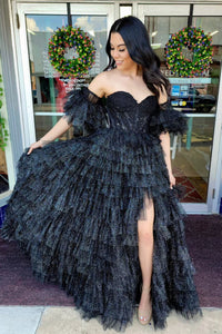 Sparkly Black Floral Off-the-Shoulder Multi-Layers Long Prom Dress with Slit