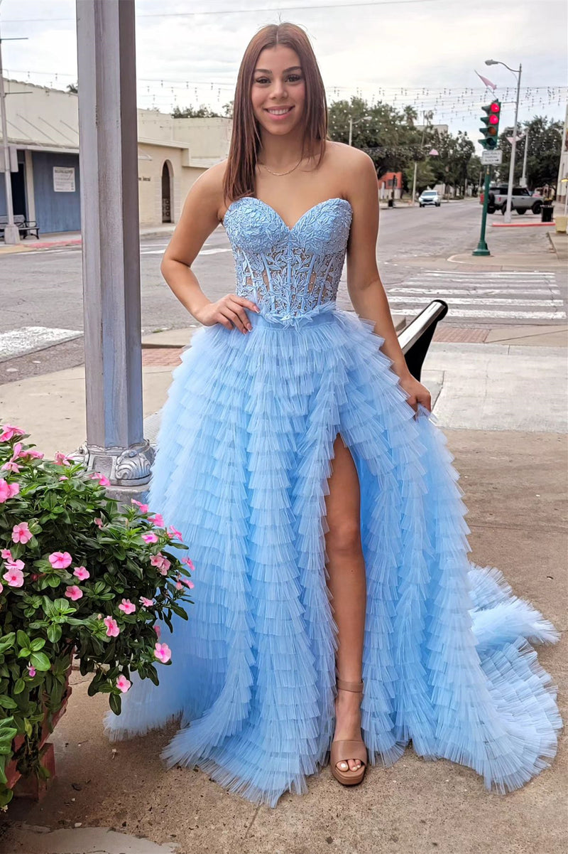 Yellow Lace-Up Floral Multi-Layers Strapless A-line Long Prom Dress