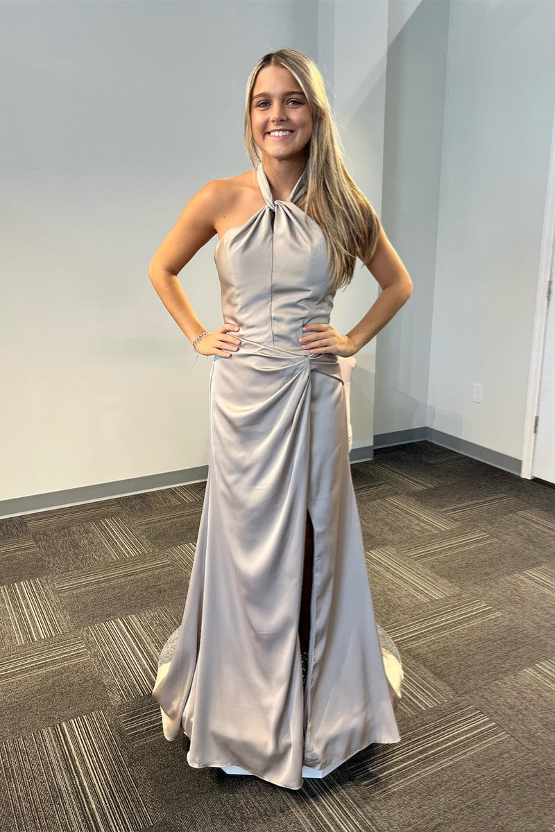 Grey Satin Halter Mermaid Long Prom Dress with Slit