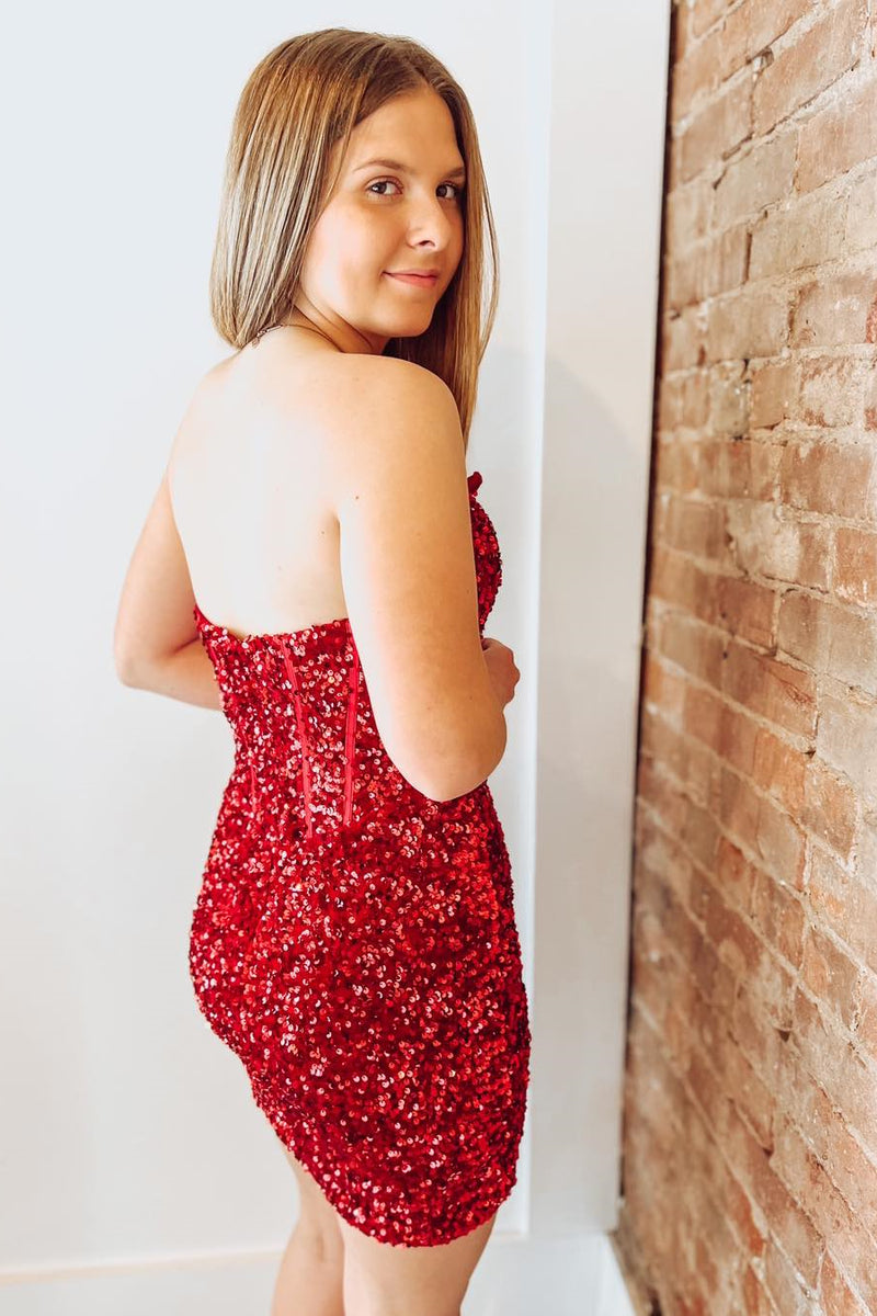 Short Red Sequin Strapless Cocktail Dress