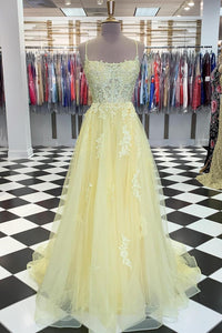 Elegant Appliques Lace-Up Back A-Line Yellow Long Prom Dress