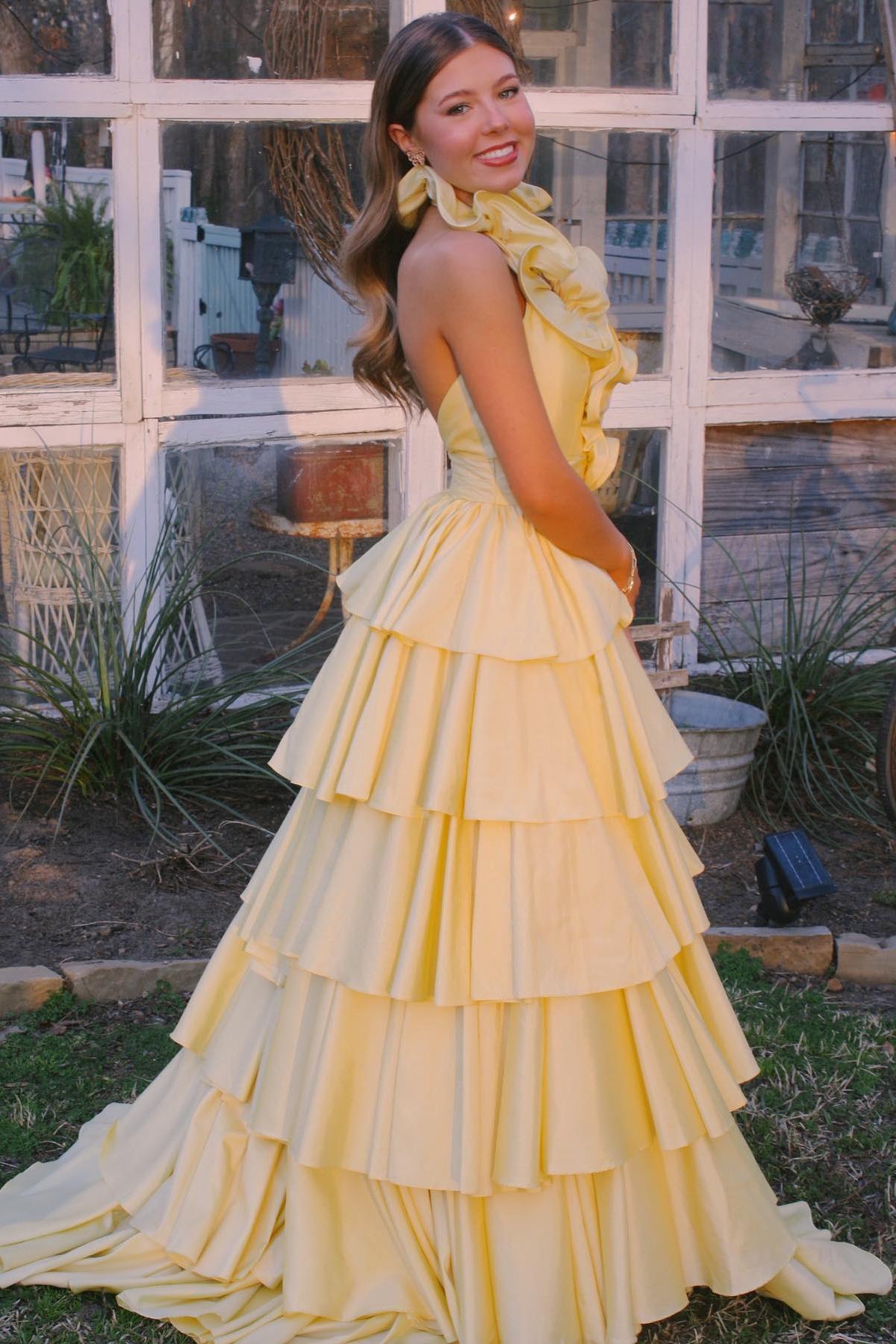 Red Ruffled Plunging V Neck Layers Long Prom Dress with Slit