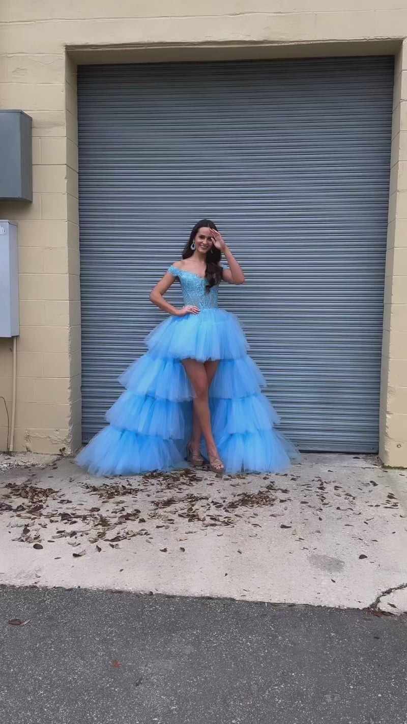 Blue Tulle Lace Off-the-Shoulder High-Low Tiered Prom Dress