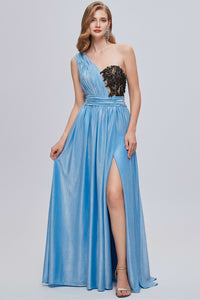 Blue One-Shoulder Bustier A-Line Long Prom Gown