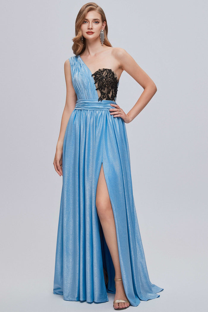 Blue One-Shoulder Bustier A-Line Long Prom Gown
