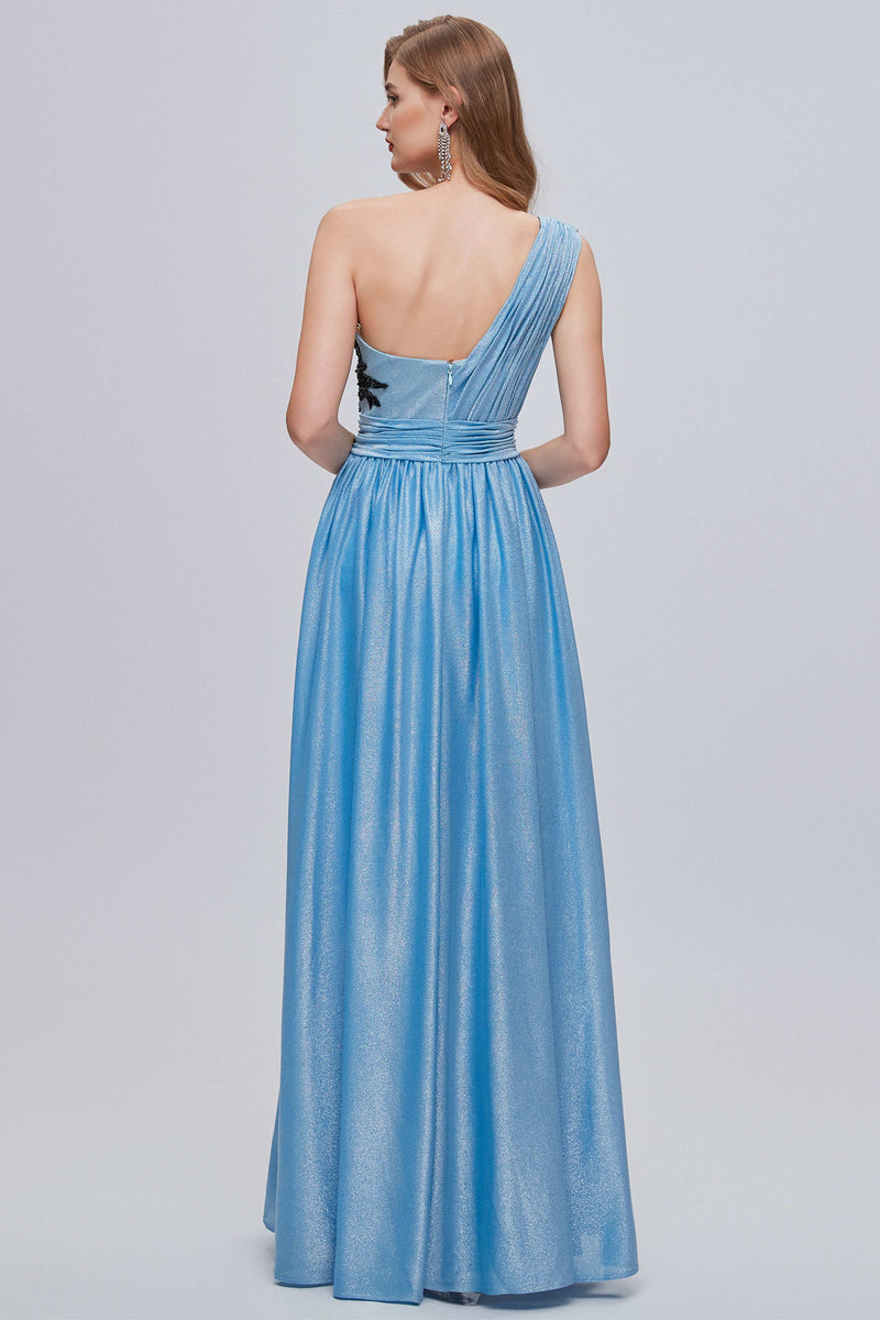 Blue One-Shoulder Bustier A-Line Long Prom Gown