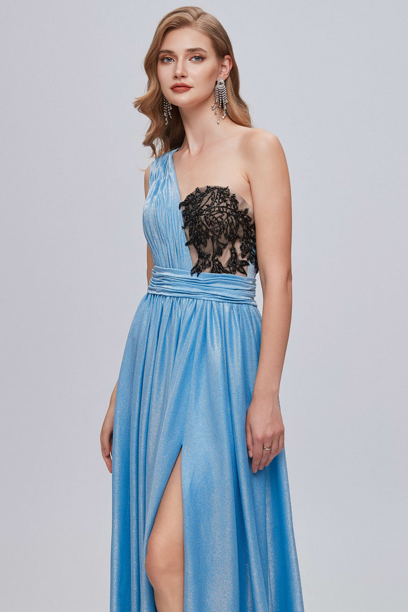 Blue One-Shoulder Bustier A-Line Long Prom Gown